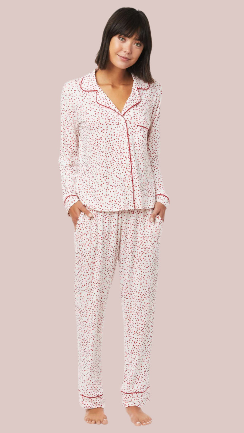 Confetti Dot Pima Knit Long-Sleeved Pajama - White/Red Extra White