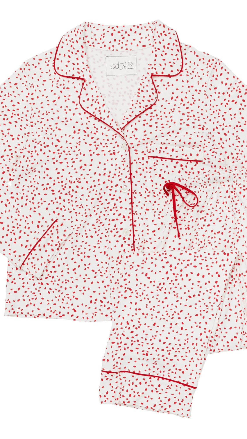 Confetti Dot Pima Knit Long-Sleeved Pajama - White/Red Wide White