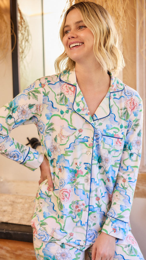 Butterfly Floral Pima Knit Long-Sleeved Pajama Extra White