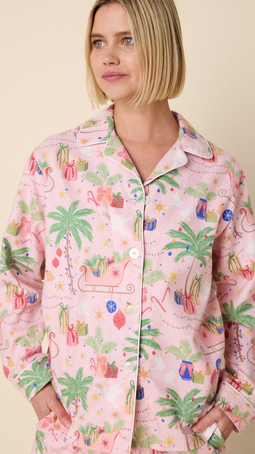 California Christmas Flannel Long-Sleeved Pajama Wide Pink