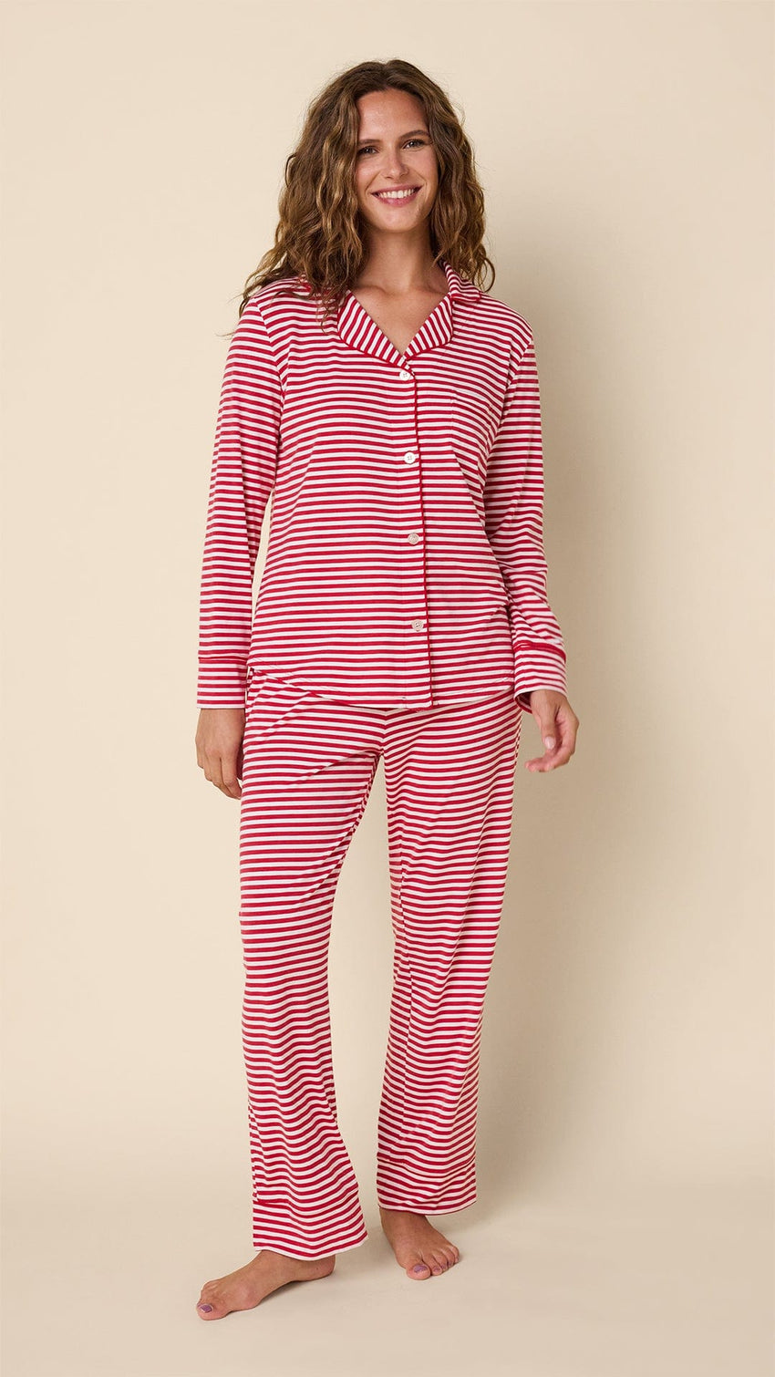 Essential Stripe Pima Knit Long-Sleeved Pajama - Red Main Red