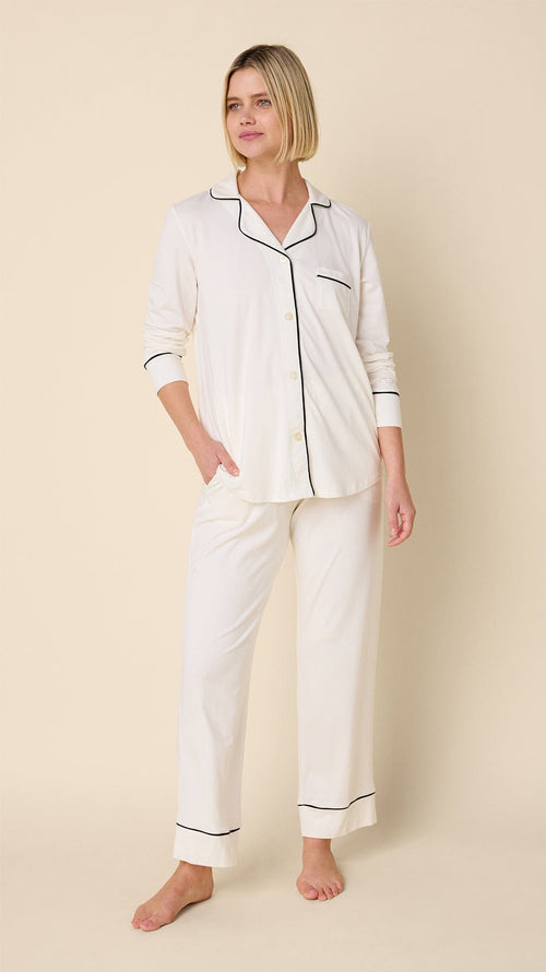 Classic Pima Knit Long-Sleeved Pajama - Ivory/Navy Main Ivory