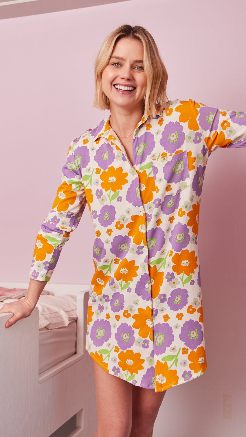 Popping Pansies Pima Knit Night Shirt Wide White