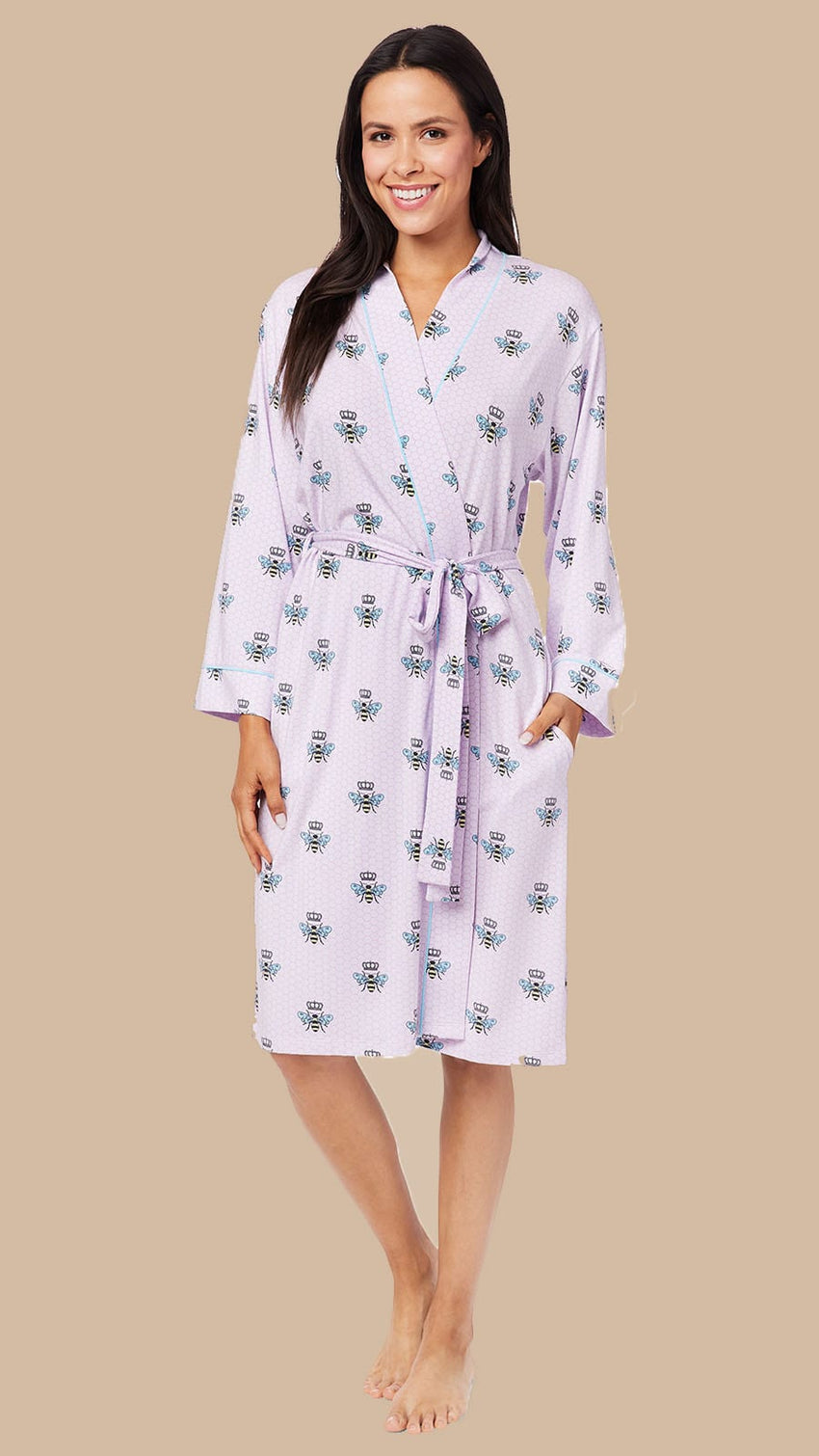 Queen Bee Pima Knit Robe - Pink Main Lavender