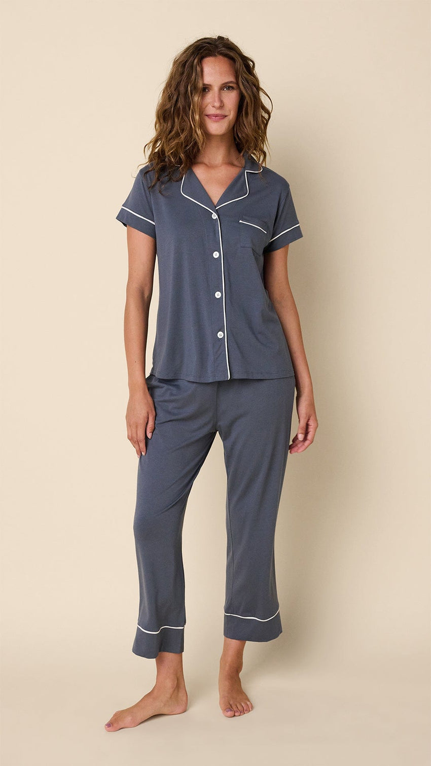 Classic Pima Knit Capri Set - Steel Blue/Ivory Main Steel Blue