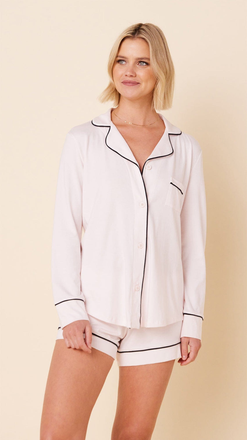 Classic Pima Knit Long-Sleeved Short Set - Powder Pink Main Powder Pink