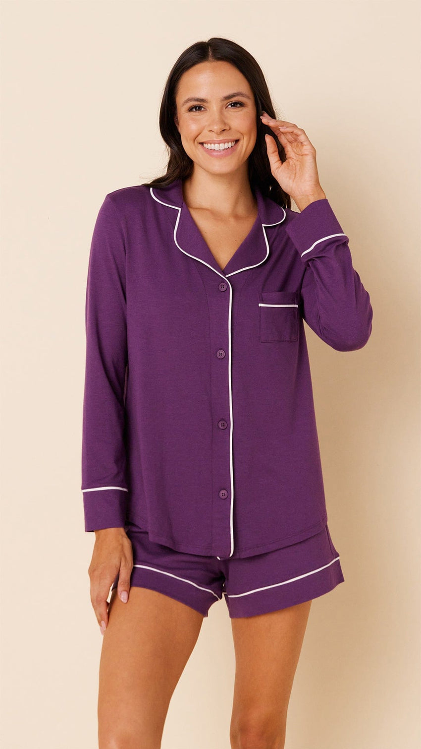 Classic Pima Knit Long-Sleeved Short Set - Aubergine Extra Aubergine
