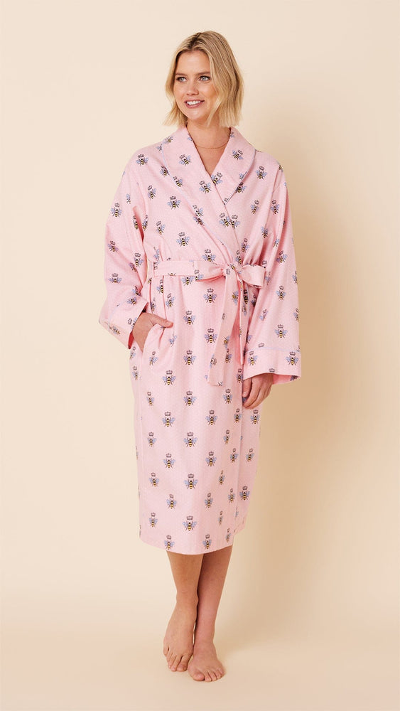 Queen Bee Shawl Collar Flannel Robe - Pink Main Pink
