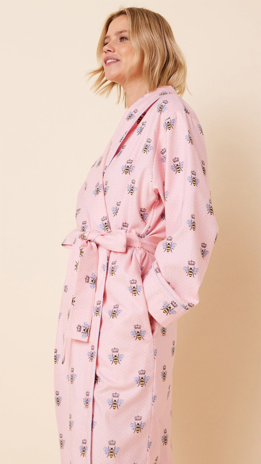 Queen Bee Shawl Collar Flannel Robe - Pink Wide Pink