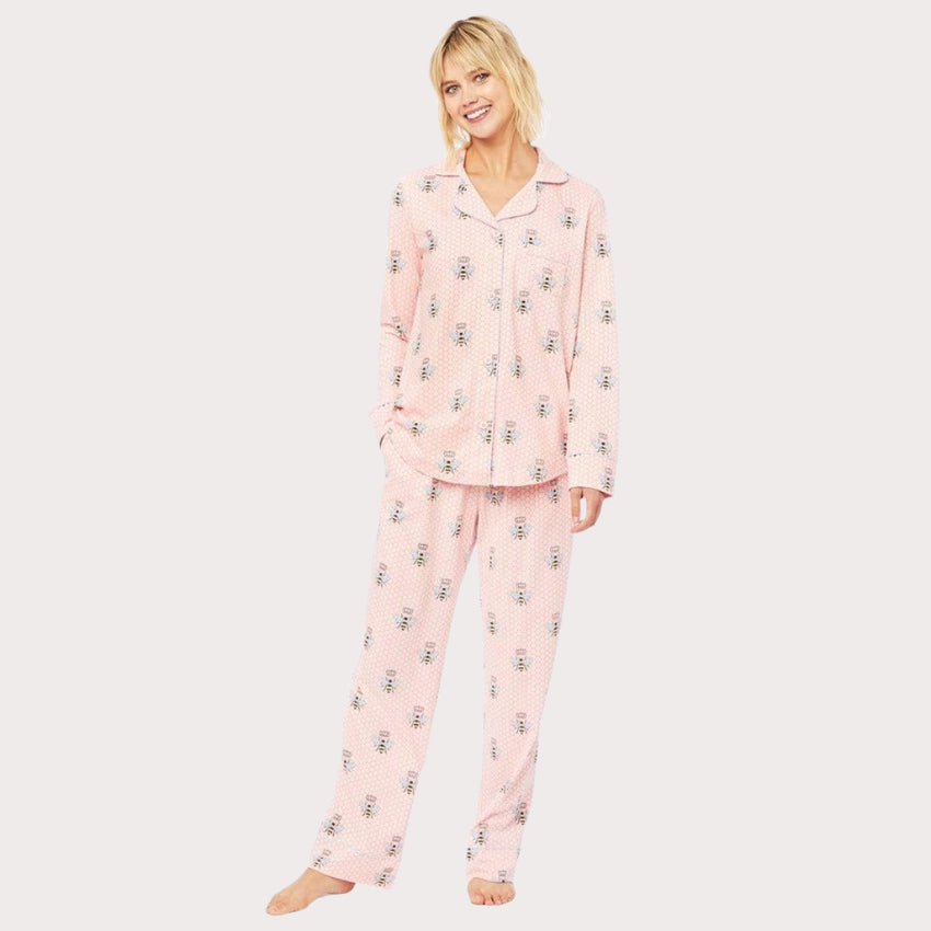 Queen Bee Pima Knit Long-Sleeved Pajama - Pink Main Pink