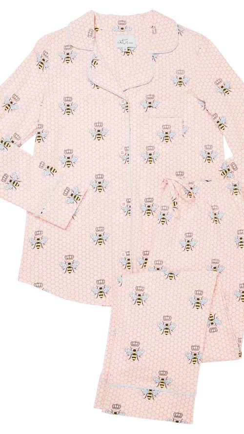 Queen Bee Pima Knit Long-Sleeved Pajama - Pink Wide Pink