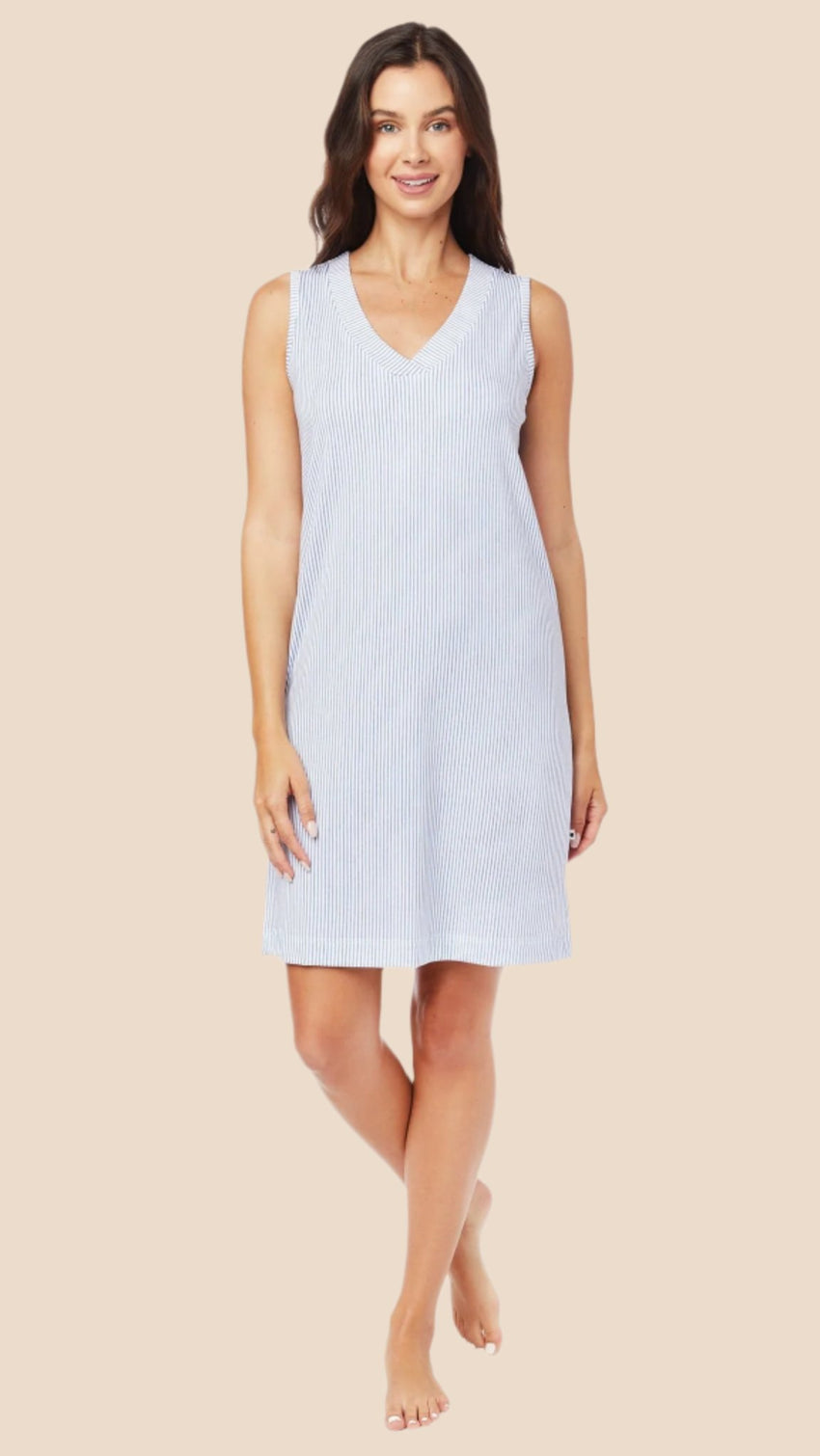 Simple Stripe Pima Knit Nightgown - Blue Main White