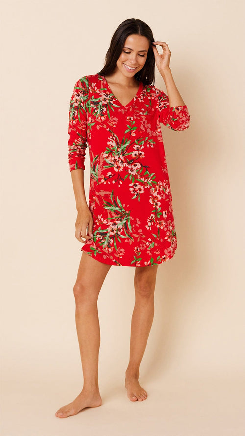 Cherry Quince Pima Knit Long-Sleeved Sleep Shirt Main Red