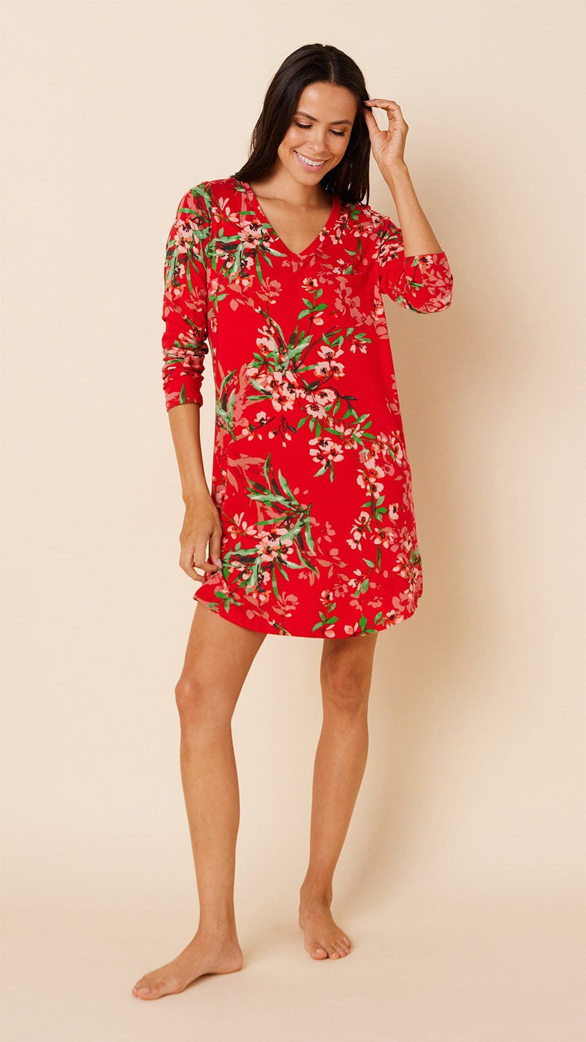 Cherry Quince Pima Knit Long-Sleeved Sleep Shirt Main Red