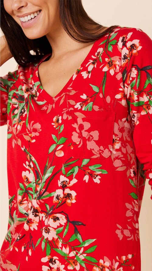 Cherry Quince Pima Knit Long-Sleeved Sleep Shirt Wide Red