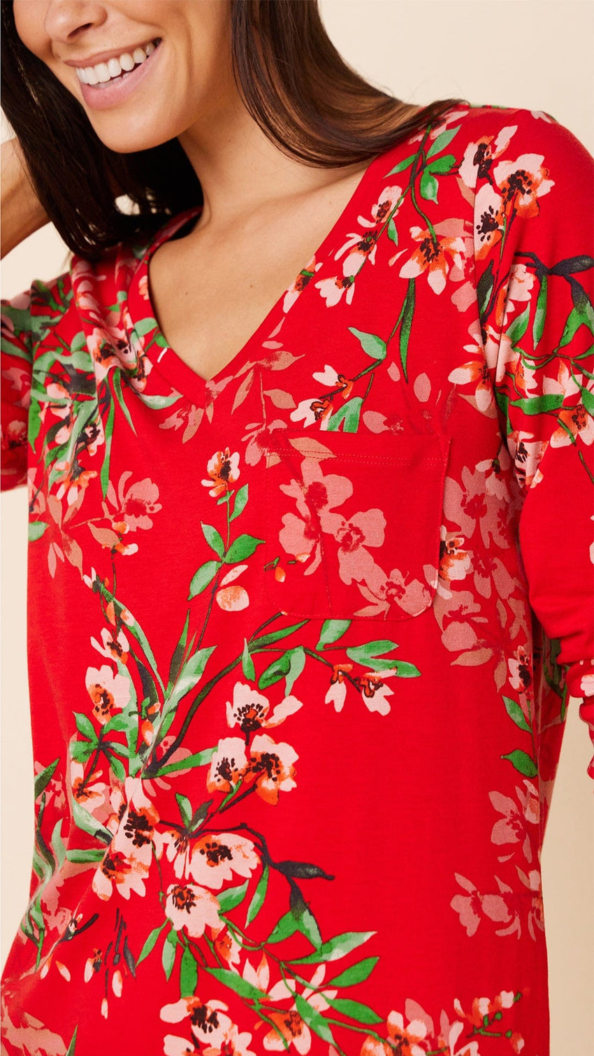 Cherry Quince Pima Knit Long-Sleeved Sleep Shirt Wide Red