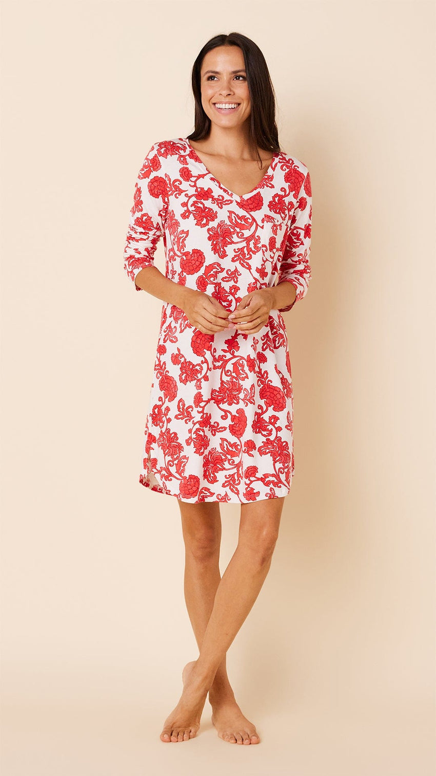 Chrysantheme Pima Knit Long-Sleeved Sleep Shirt Main Red