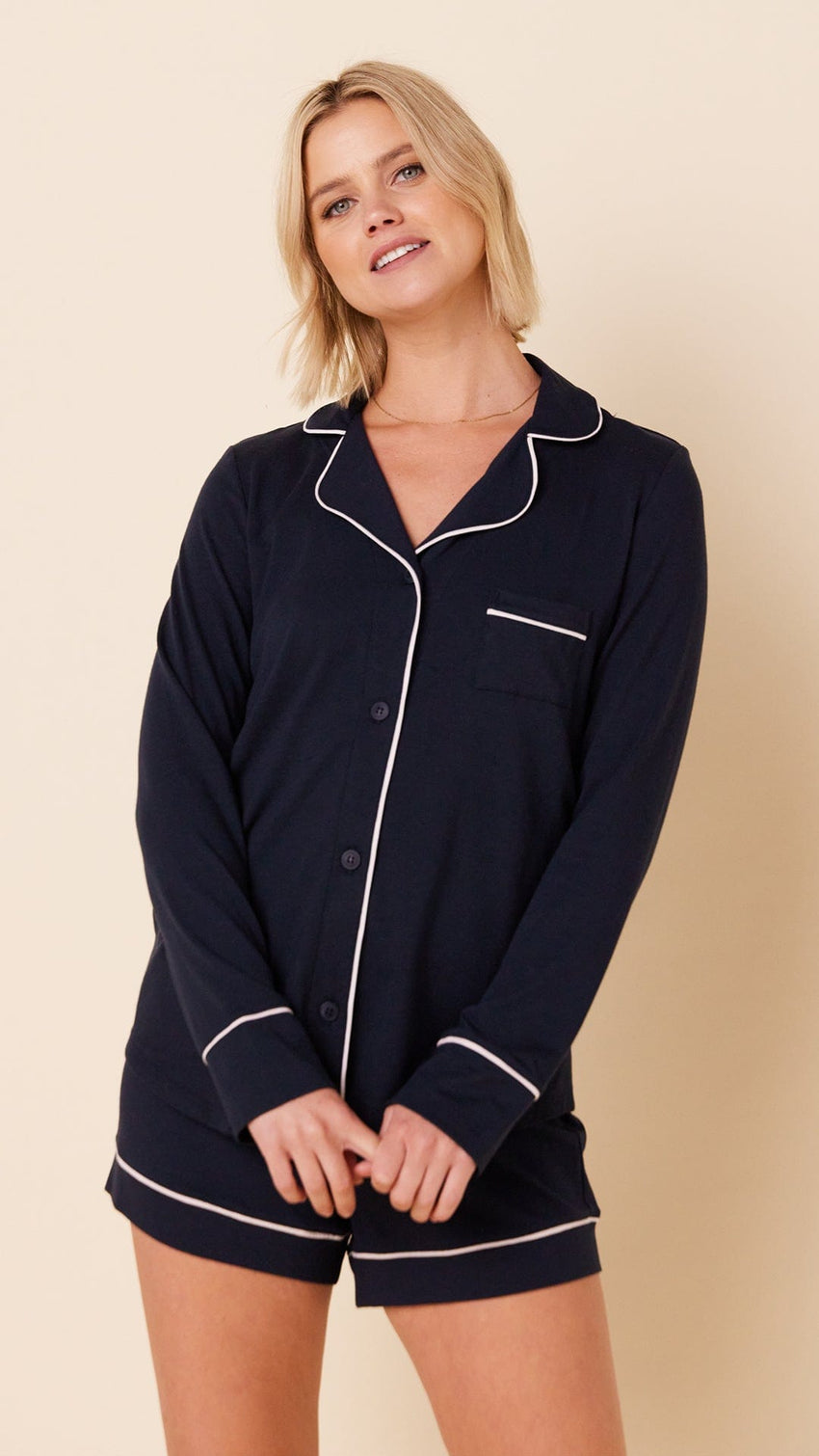 Classic Pima Knit Long-Sleeved Short Set - Midnight Main Midnight
