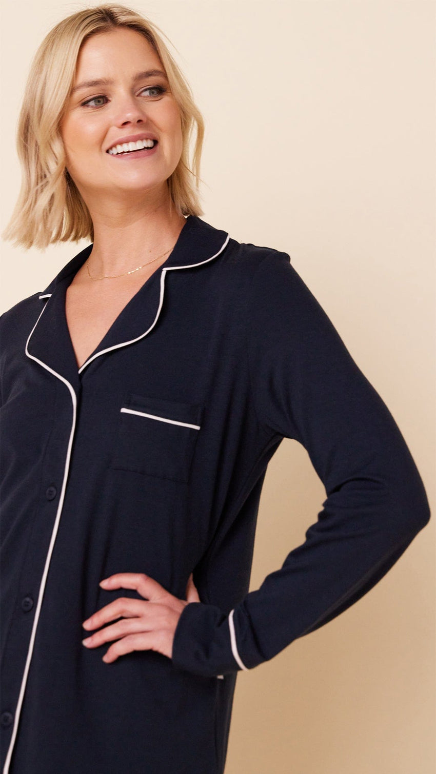Classic Pima Knit Long-Sleeved Short Set - Midnight Wide Midnight