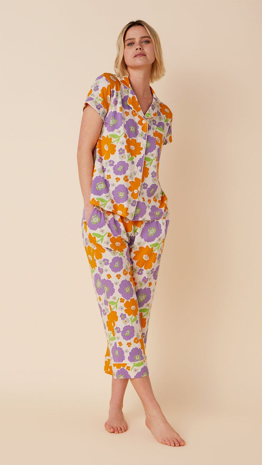 Popping Pansies Pima Knit Capri Main White