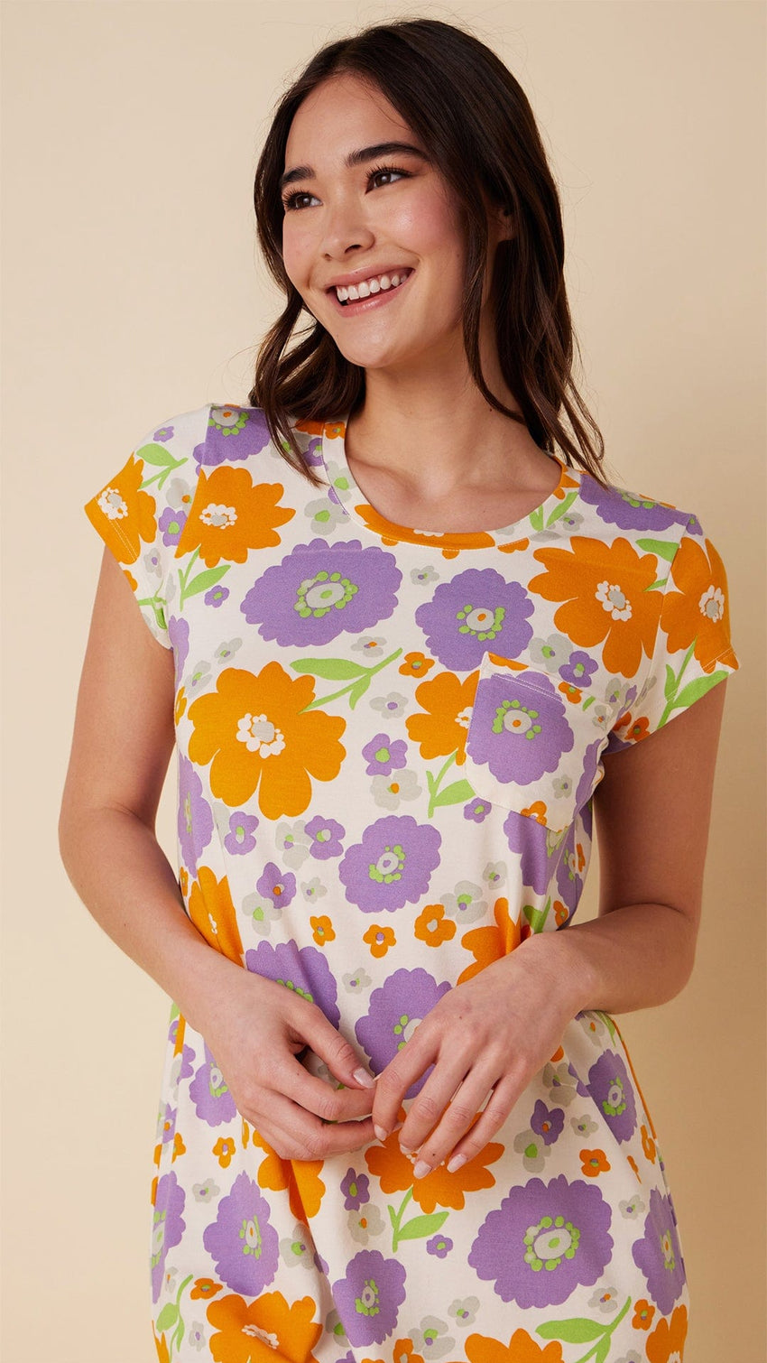Popping Pansies Pima Knit Short-Sleeved Sleep Shirt Wide White