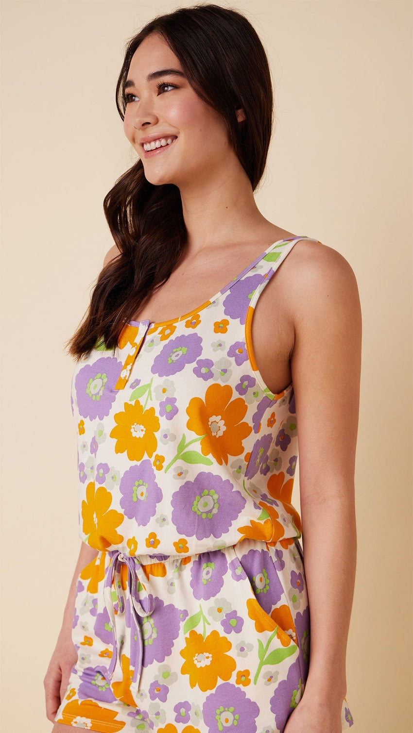 Popping Pansies Pima Knit Romper Wide White