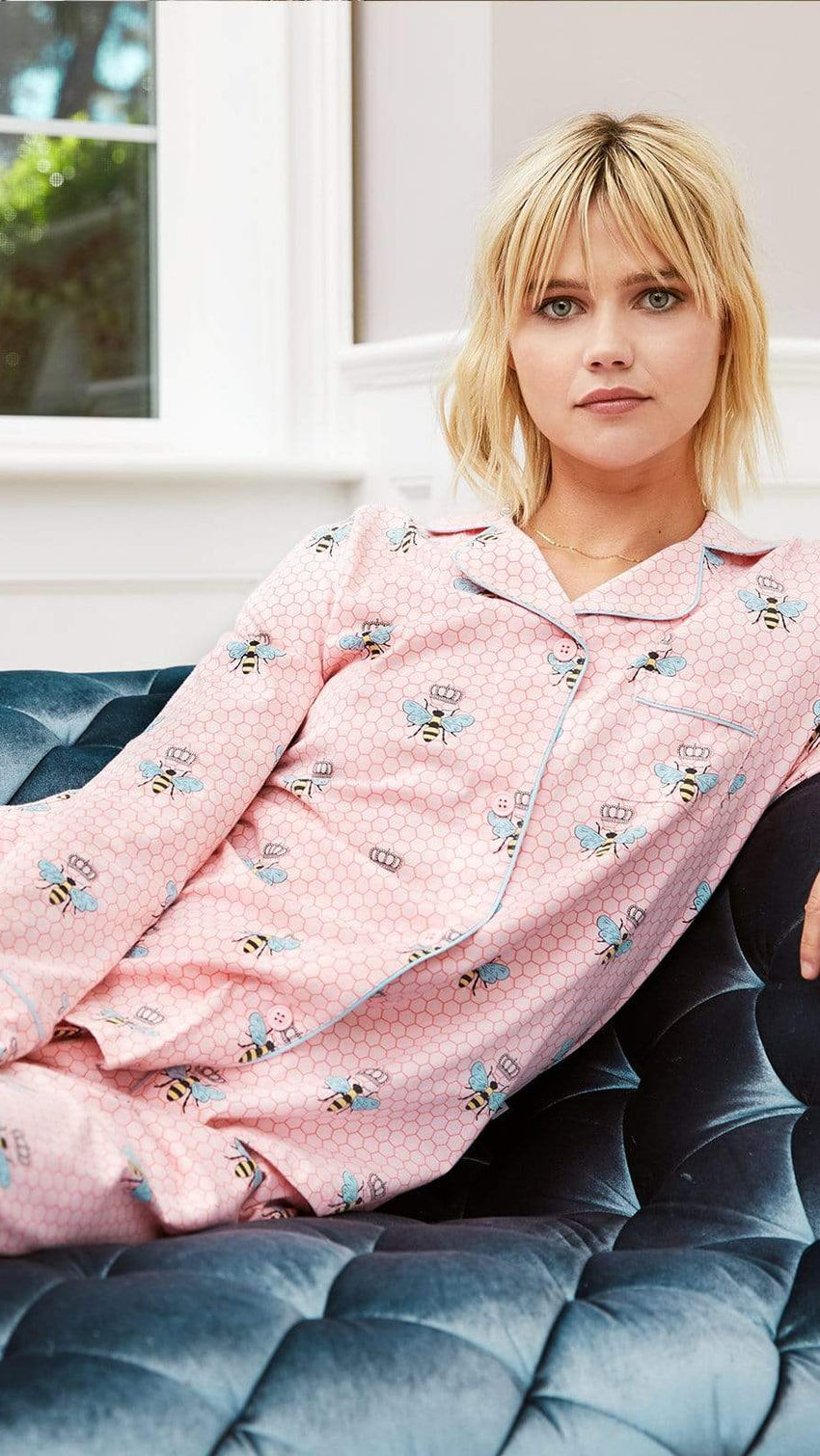 Queen Bee Pima Knit Long-Sleeved Pajama - Pink Wide Pink