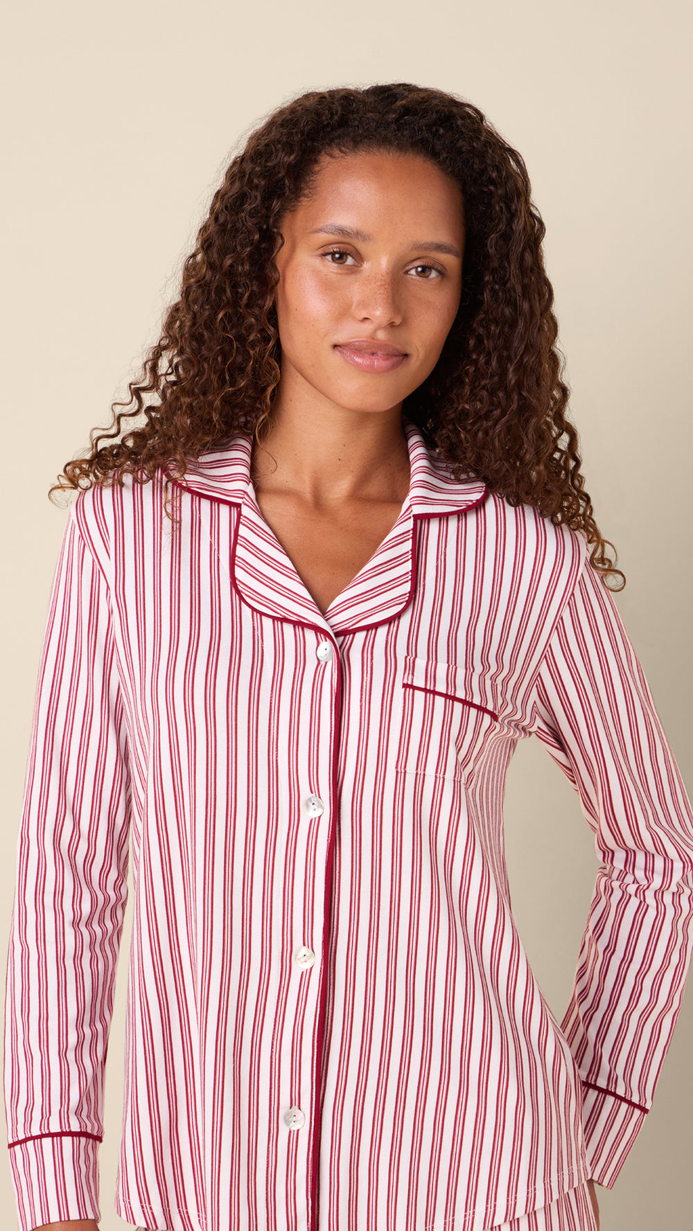 Classic Ticking Stripe Pima Knit Long-Sleeved Pajama Extra White