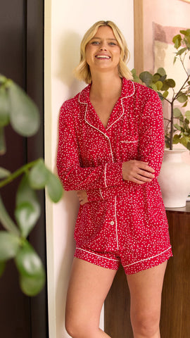 Confetti Dot Pima Knit Long-Sleeved Short Set - Red