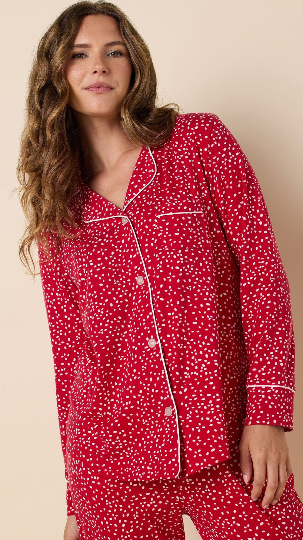 Confetti Dot Pima Knit Long-Sleeved Pajama - Red Hover Red