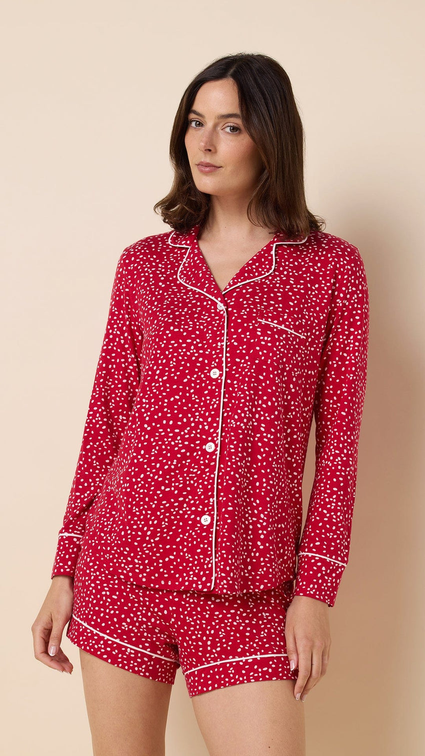 Confetti Dot Pima Knit Long-Sleeved Short Set - Red Wide Red