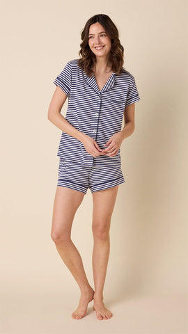 Essential Stripe Pima Knit Short Set - Navy