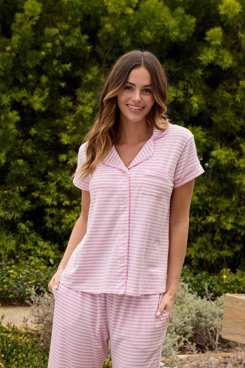 Essential Stripe Pima Knit Capri Set - Pink Moment Wide Pink Moment