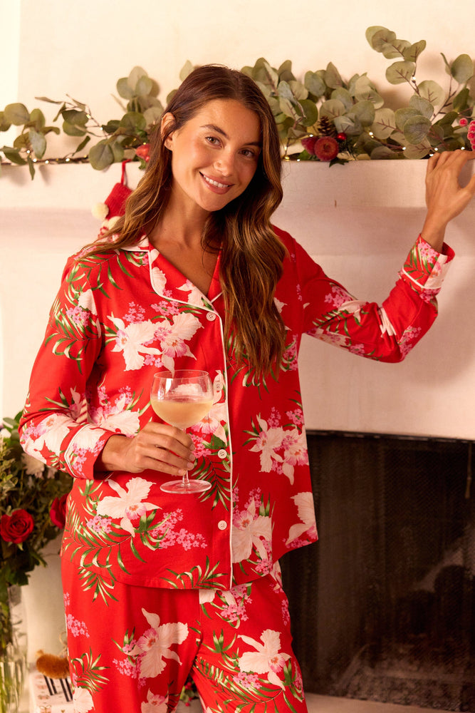 Flora Festiva Pima Knit Long-Sleeved Pajama Extra Wide Red