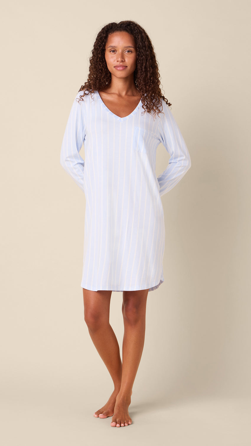 Heritage Stripe Pima Knit Long-Sleeved Sleep Shirt - Blue Main Blue