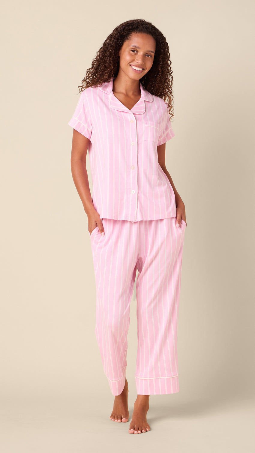 Heritage Stripe Pima Knit Capri Set - Pink Main Pink