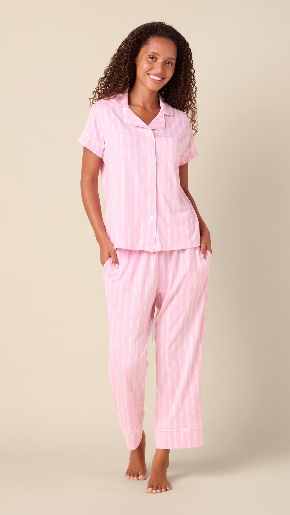 Heritage Stripe Pima Knit Capri Set - Pink Main Pink
