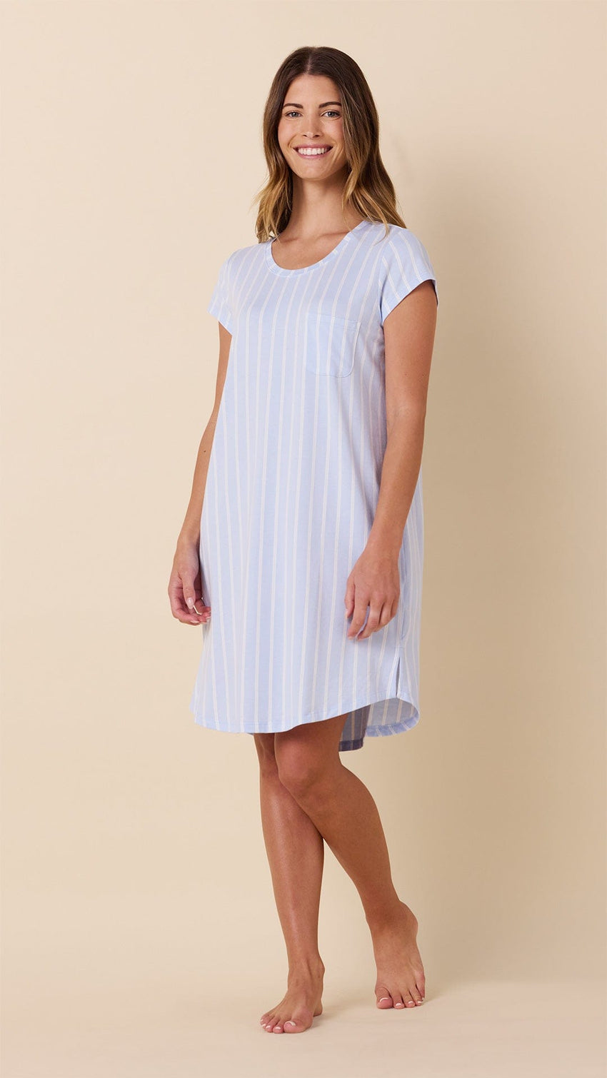 Heritage Stripe Pima Knit Short-Sleeved Sleep Shirt - Blue Main Blue