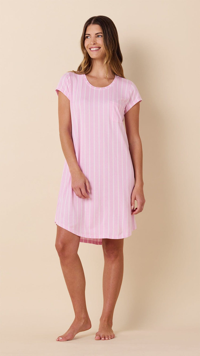 Heritage Stripe Pima Knit Short-Sleeved Sleep Shirt - Pink Main Pink