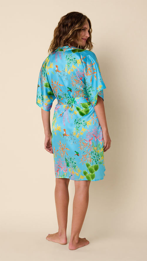 Hummingbird Silk Kimono Robe Hover Blue