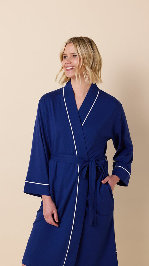 Classic Pima Knit Kimono Robe - Marine Blue Wide Marine Blue