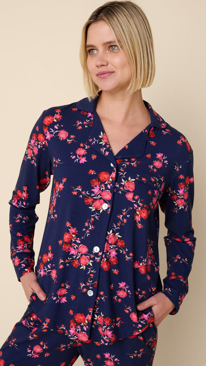 Roses Pima Knit Long-Sleeved Pajama Extra Navy