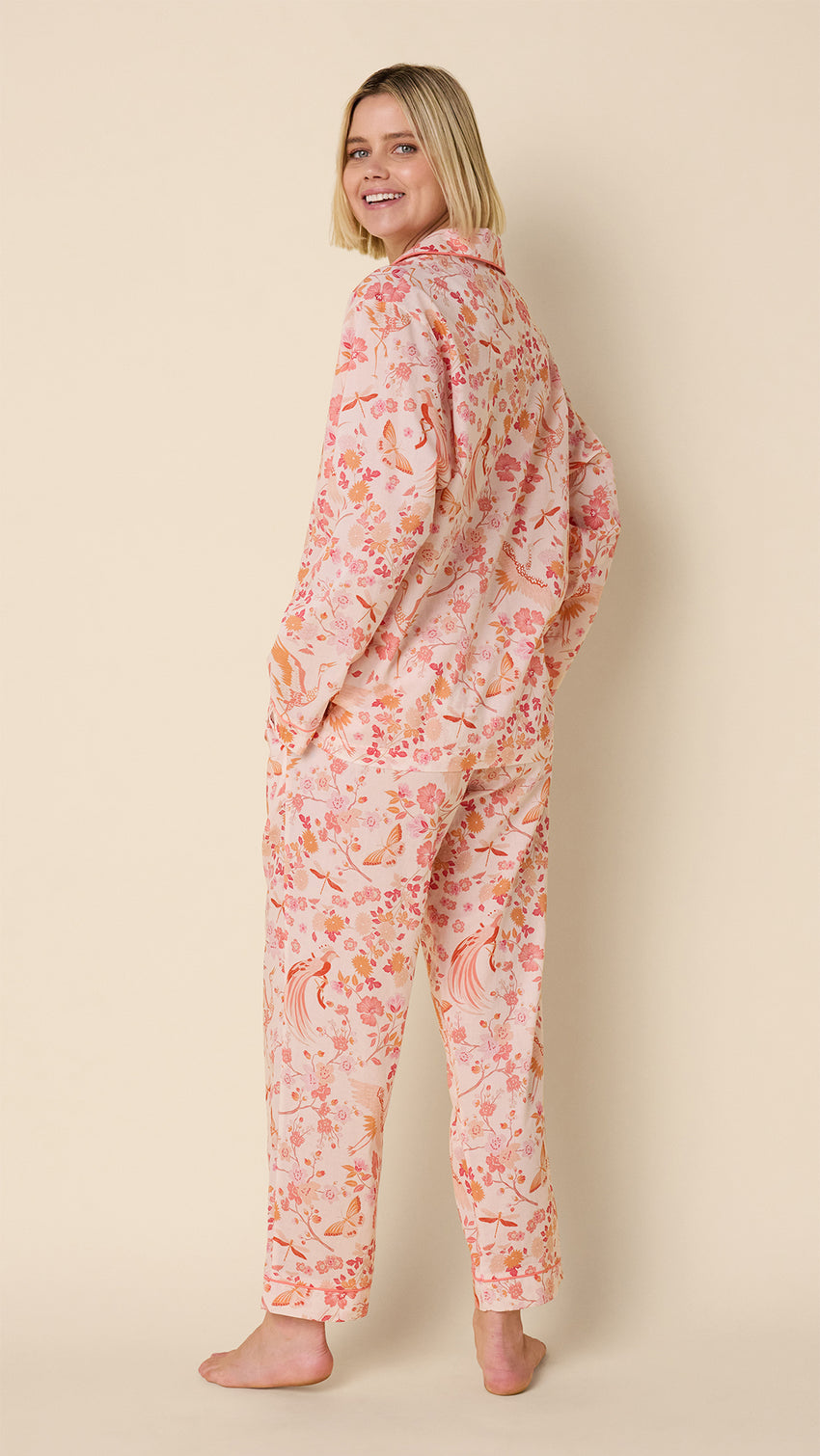 Coral Bird Voile Pajama Hover Coral