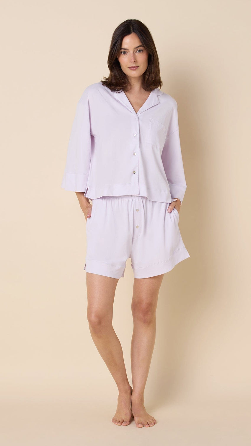 The Mariposa Long-Sleeved Short Set - Lilac Cream Main Lilac Cream