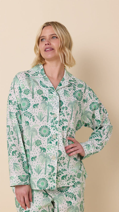Palmera Luxe Pima Long-Sleeved Pajama - Green Wide White