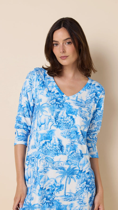 Palm Grove Toile Pima Knit Long-Sleeved Sleep Shirt - Blue Extra Blue