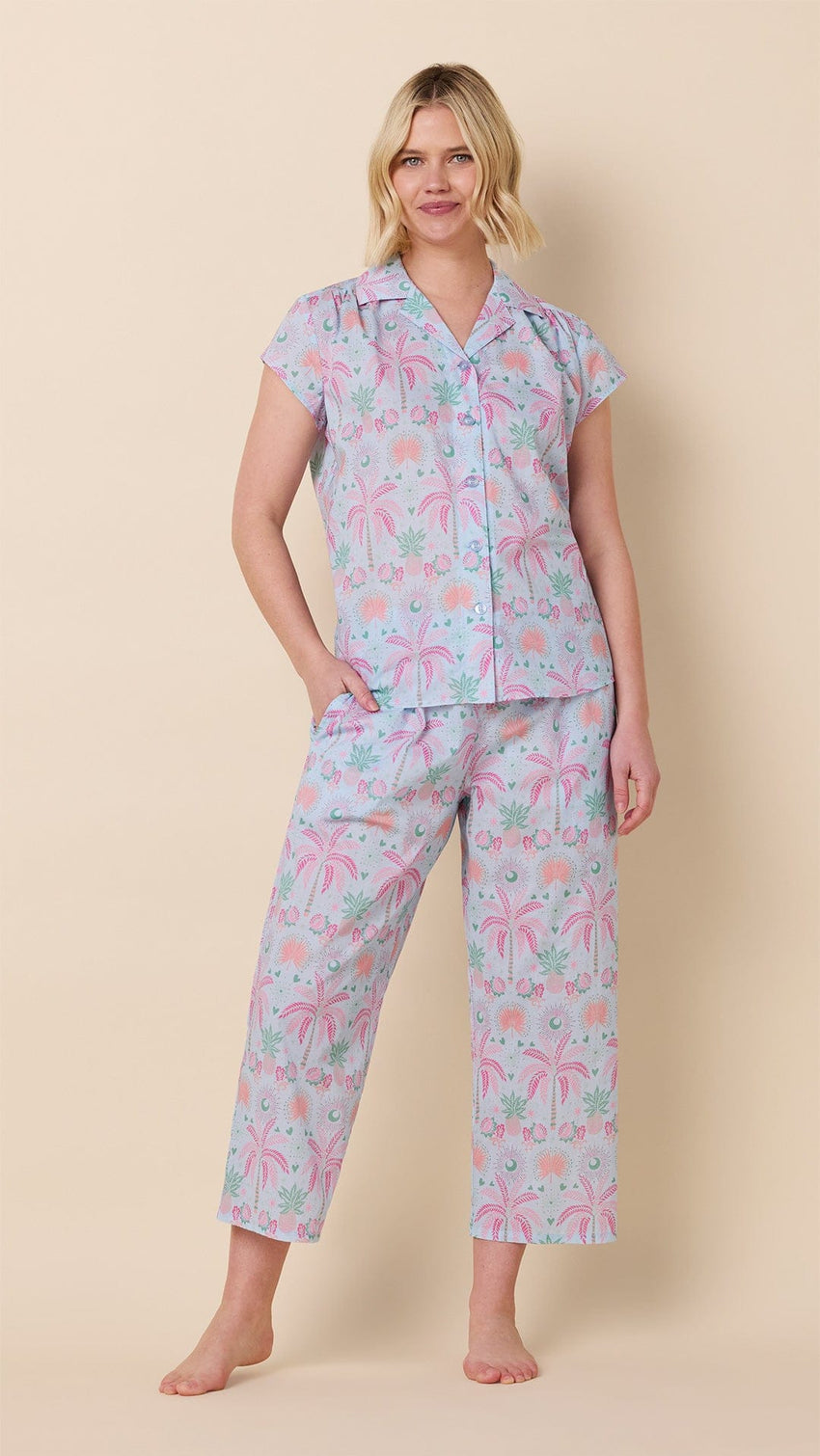Pink Palms Please Voile Capri Set Wide Blue