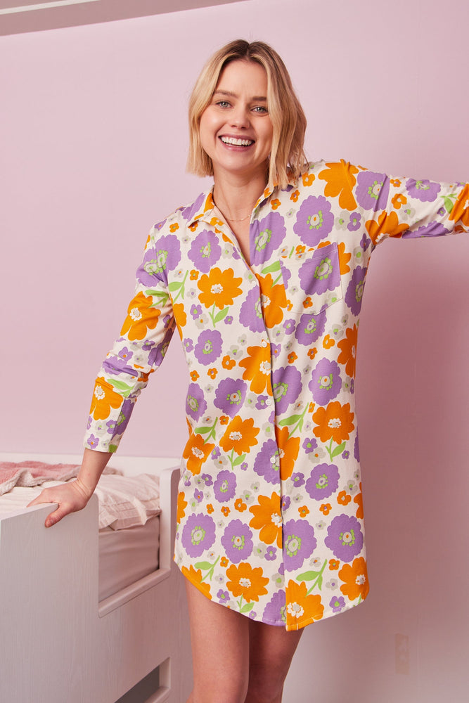 Popping Pansies Pima Knit Night Shirt Wide White