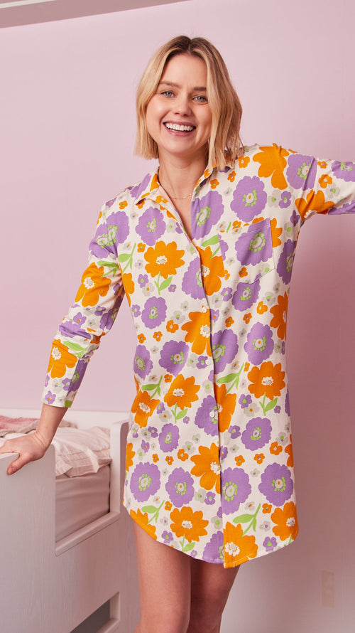 Popping Pansies Pima Knit Night Shirt Wide White
