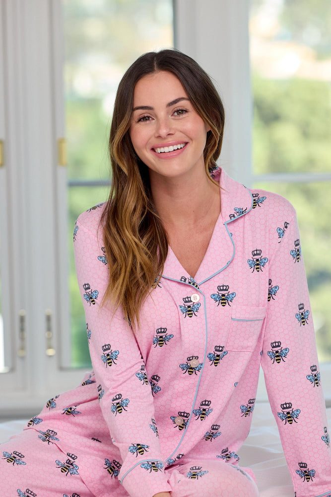 Queen Bee Pima Knit Long-Sleeved Pajama - Pink Main Pink